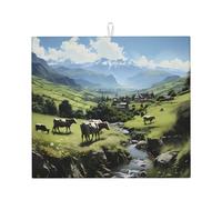 Tapete absorbente para encimera de cocina, elegante, diseño de vacas de granja alpina, plegable y antideslizante, con anillo para colgar