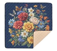 Tapete acolchado suave para gimnasio y actividades para el suelo con diseño de flores otoñales, narcisos, mariposas, abejas, color azul rey, para bebés y niños, 50 x 50 pulgadas