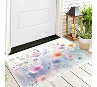 Tapete Azul Pálido Flores Silvestres Hojas Verdes Puerta Felpudo De Entrada Exterior Atrapar Suciedad Alfombra Plantas De Acuarela Para Interior Jardines Cocina Pasillo Trasera Delantera,80X120Cm