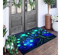 Tapete Azul-Verde Árbol De Esfera Brillante Puerta Felpudo De Entrada Exterior Atrapar Suciedad Alfombra Plantas De Luz Negra Para Interior Jardines Cocina Pasillo Trasera Delantera,80X120Cm