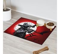 Tapete de alimentación de mascotas con diseño de samurái japonés y sangriento atardecer para gatos, perros, cuenco de agua, tapete de comida para mascotas, tapete absorbente y antideslizante que