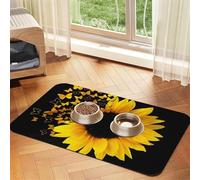 Tapete de alimentación de piel sintética con estampado de girasoles y mariposas florales para perros, gatos, mascotas, absorbente, parte inferior de goma antideslizante