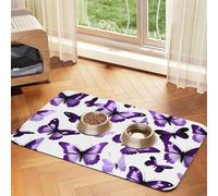 Tapete de alimentación de piel sintética con estampado de mariposas blancas y moradas para perros, gatos, mascotas, tapete absorbente y antideslizante con parte inferior de goma