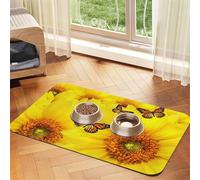 Tapete de alimentación de piel sintética con estampado de mariposas y flores amarillas para perros, gatos, mascotas, tapete absorbente y antideslizante con parte inferior de goma