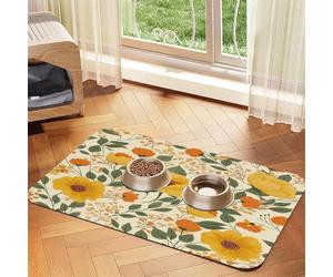 Tapete de alimentación para Mascotas con diseño de Flores Amarillas y Naranjas, Hojas pequeñas, tapetes Florales para Comida de Perro, Mantel Individual de Cuero Absorbente para Perros y Gatos, Tapet