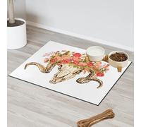 Tapete de alimentación para mascotas, diseño de calavera de oveja y flores, para gatos, perros, cuenco de agua, tapete de alimentación para mascotas, tapete absorbente y antideslizante que contiene