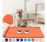 Tapete de alimentación para mascotas, tapete de silicona con bolsillo para recoger residuos, impermeable, para comida y agua con borde y gancho, bandeja para cuencos de perros (coral, 36 x 24