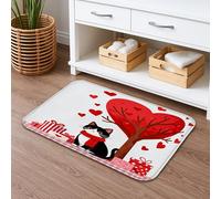 Tapete de baño antideslizante con diseño de corazón de gato para el día de San Valentín, bonito patrón de amor rojo, absorbente y de secado rápido, tapete decorativo de franela lavable para el suelo