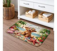 Tapete de baño antideslizante de verano con diseño de perro garabato dorado de 20 x 32 pulgadas, tapete de ducha con patrón de palmera costera, de franela de secado rápido, lavable, decoración de baño