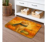 Tapete de baño con diseño de gato otoñal, acogedor gatito naranja con calabazas y hojas, tapete antideslizante decorativo de otoño para baño, tapete de ducha lavable de espuma viscoelástica de 16 x 24