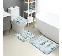 Tapete de baño de secado rápido con diseño de acuarela, diseño de helechos verdes y gotas azules, absorbente, antideslizante, de franela de primavera, lavable, juego de 3 piezas
