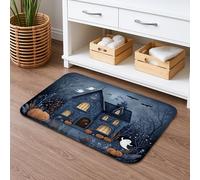 Tapete de baño de secado rápido con diseño de casa encantada de Halloween, fantasmas azules espeluznantes y calabazas, tapete de ducha antideslizante, de franela lavable, para decoración de baño, 20 x