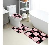 Tapete de baño de secado rápido con patrón de lazo de melocotón, elegante tapete de ducha antideslizante a cuadros negro, moderno, decorativo, lavable, para baño, inodoro, baño, juego de 3 piezas