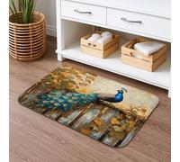 Tapete de baño de secado rápido, diseño floral vintage de plumas azules y verdes, antideslizante, tapete de ducha de franela rústica de otoño, lavable, para decoración de baño, 40,6 x 61 cm