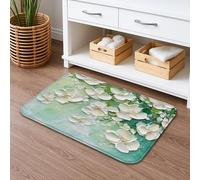 Tapete de baño floral de secado rápido, elegante, flores blancas, hojas verdes, absorbente, antideslizante, tapete de ducha decorativo de primavera, lavable, para baño, inodoro, baño, 16 x 24 pulgadas