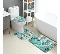 Tapete de baño floral de secado rápido, tapete de ducha absorbente antideslizante con patrón de hojas coloridas, tapete decorativo de franela lavable para baño, inodoro, baño, juego de 3 piezas