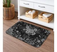 Tapete de baño floral negro de secado rápido, diseño vintage de flores grises y plantas, tapete de ducha antideslizante, decorativo, de franela, lavable, para baño, inodoro, baño, 20 x 32 pulgadas