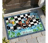 Tapete de bienvenida con diseño de caballo de carreras, jinete de cerveza, color azul, lavable, de perfil bajo, para el hogar, interior, exterior, entrada, porche, decoración de 73 x 43 cm