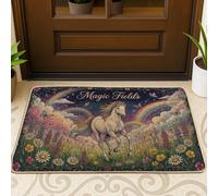 Tapete de bienvenida con diseño de caballo mágico, flores arcoíris de fantasía primavera violeta, lavable, perfil bajo, decoración al aire libre para puerta delantera, entrada, patio, 73 x 43 cm