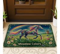 Tapete de bienvenida con diseño de caballo mágico, margaritas arcoíris de fantasía, color azul primavera, antideslizante, atrapasuciedad, tapete decorativo para casa, oficina, exterior, interior