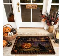 Tapete de bienvenida con diseño de calabazas, diseño de gato, luna, Halloween, naranja, antideslizante, para entrada, porche, decoración para el hogar, interior y exterior, 29 x 17 pulgadas