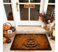 Tapete de bienvenida con diseño de calabazas, remolinos de texto festivo de Halloween, naranja, antideslizante, atrapasuciedad, para debajo de la puerta, decoración al aire libre para puerta delantera