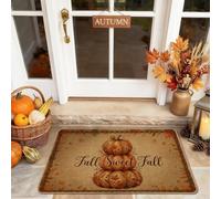 Tapete de bienvenida con diseño de calabazas, rústico, acogedor, con texto de hojas de otoño, naranja, lavable, perfil bajo, para el hogar, interior, exterior, entrada, porche, decoración de 73 x 43