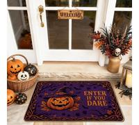 Tapete de bienvenida con diseño de calabazas, sombrero de bruja de temporada, hojas de Halloween, color violeta, antideslizante, atrapasuciedad, tapete decorativo para el hogar, interior y exterior