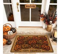 Tapete de bienvenida con diseño de calabazas, texto festivo de temporada de Halloween, naranja, lavable, perfil bajo, para el hogar, interior, exterior, entrada, porche, decoración de 73 x 43 cm