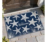 Tapete de bienvenida con diseño de estrella de mar, olas de bienvenida náuticas costeras de verano, color azul marino, lavable, de perfil bajo, decoración al aire libre para puerta delantera, entrada