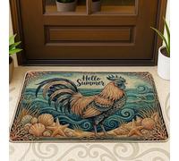 Tapete de bienvenida con diseño de gallo y estrellas de mar de verano, color verde azulado, lavable, de perfil bajo, decoración del hogar para entrada, porche al aire libre, balcón, 29 x 17 pulgadas