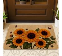 Tapete de bienvenida con diseño de girasol, diseño floral de hojas de mariposa, verano, amarillo, lavable, perfil bajo, decoración del hogar para entrada, porche al aire libre, balcón, 29 x 17