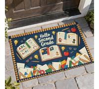 Tapete de bienvenida con diseño de libros y manzanas para volver al campus, color azul, lavable, perfil bajo, decoración de entrada, para porche, baño, oficina, 29 x 17 pulgadas