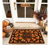 Tapete de bienvenida con diseño de maíz de caramelo, calabazas de texto festivo juguetón para Halloween, naranja, lavable, de perfil bajo, para decoración de suelo, exterior, puerta delantera, entrada
