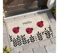 Tapete de bienvenida con diseño de mariquita, diseño moderno de hojas juguetonas, primavera, rojo, lavable, perfil bajo, decoración de entrada, para porche, baño, oficina, 29 x 17 pulgadas