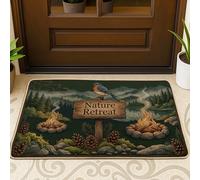 Tapete de bienvenida con diseño de pájaro, diseño rústico de hoguera de otoño, verde, antideslizante, para debajo de la puerta, decoración del hogar para entrada, porche al aire libre, balcón, 29 x 17