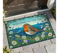 Tapete de bienvenida con diseño de pájaro, flor azul de crisantemo costero de verano, lavable, de perfil bajo, para casa, oficina, exterior, interior, entrada, decoración, 73 x 43 cm