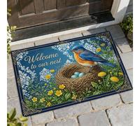 Tapete de bienvenida con diseño de pájaro, flores rústicas de nido de primavera, color azul, lavable, de perfil bajo, decoración al aire libre para puerta delantera, entrada, patio, 73 x 43 cm