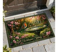 Tapete de bienvenida con diseño de pájaro, primavera, naturaleza, fuente, flores, primavera, verde, antideslizante, para suelo, casa, oficina, exterior, interior, entrada, decoración, 73 x 43 cm