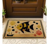 Tapete de bienvenida con diseño de peces, burbujas de coral, color amarillo, antideslizante, para entrada, porche, balcón, 29 x 17 pulgadas