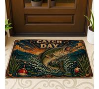 Tapete de bienvenida con diseño de peces, vintage, rústico, amanecer, montañas, verano, verde, goma, antideslizante, para debajo de la puerta, decoración de entrada, porche, baño, oficina, 73 x 43 cm