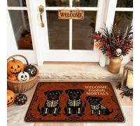 Tapete de bienvenida con diseño de perro esqueleto, calabazas juguetonas, calaveras, Halloween, color marrón, goma antideslizante, decoración del hogar para entrada, porche al aire libre, balcón, 29 x