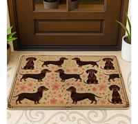 Tapete de bienvenida con diseño de perro salchicha, diseño de hojas de flores, no marrón, lavable, de perfil bajo, para el suelo, para casa, oficina, exterior, interior, entrada, decoración, 73 x 43