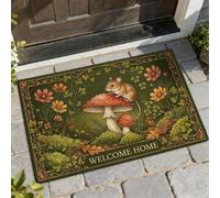 Tapete de bienvenida con diseño de ratón, flores de hongos otoñales, color verde, lavable, de perfil bajo, decoración de entrada para porche delantero, baño, oficina, 29 x 17 pulgadas