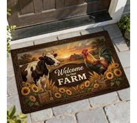 Tapete de bienvenida con diseño de vaca, estilo rústico de gallo y girasoles otoñales, color marrón, lavable, de perfil bajo, decoración al aire libre para puerta delantera, entrada, patio, 29 x 17