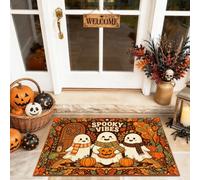 Tapete de bienvenida de fantasmas, bufandas de calabazas de temporada para Halloween, color naranja, lavable, de perfil bajo, decorativo, para el hogar, interiores y exteriores, decoración de porche