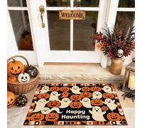 Tapete de bienvenida de fantasmas con diseño de Jack-o'-Lanterns Happy Haunting Halloween naranja, lavable, de perfil bajo, decorativo, decoración del hogar, para entrada, porche al aire libre, balcón