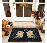 Tapete de bienvenida de fantasmas, diseño de hojas de Halloween, color negro, lavable, de perfil bajo, para decoración al aire libre, puerta delantera, entrada, patio, 29 x 17 pulgadas