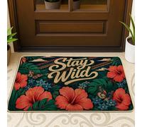Tapete de bienvenida de hibisco, diseño de hojas de mariposa tropicales, color rojo, lavable, perfil bajo, para el hogar, interior y exterior, decoración de porche, 73 x 43 cm