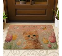 Tapete de bienvenida de primavera, gato naranja y burbujas, para entrada al aire libre e interior, decoración rústica, impermeable, antideslizante, absorbe el polvo, fácil de limpiar, 73 x 43 cm